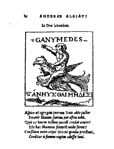 Andrea Alciato, Emblematum liber (1531) Emblemat. Przykład emblematu. Źródło: https://upload.wikimedia.org/wikipedia/commons/2/21/Ganimede_Ganymede_-_In_Deo_laetandum.gif (public domain)