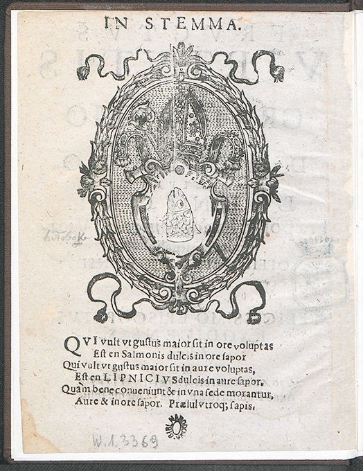 Jan Michalski, Frvctvs virtvtis sev Gratvlatio illustr. [...] Alberto de Lipnik Lipnicki, praeposito Sandomiriensi [...] in felicissimo episcopatvs Laodicensis aditu (przed 22 VII 1646). Stemmat na herb Lipnickiego. https://polona.pl/item/frvctvs-virtvtis