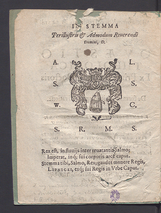 Benedykt Mstowski, Qvaestio theologica ex prima secundae Doctoris Angelici de formali habitualis peccati ratione (przed XI 1628). Stemmat na herb biskupa Lipnickiego (wokół tarczy herbowej inicjały imienia, nazwiska i tytulatury biskupa).