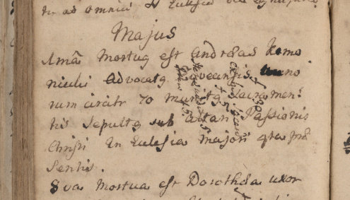 Zapiska o śmierci Andrzeja Komonieckiego 1 maja 1729 roku, w: Liber mortuorum parafii Narodzenia NMP w Żywcu z lat 1722-1733. Fot. CAAK