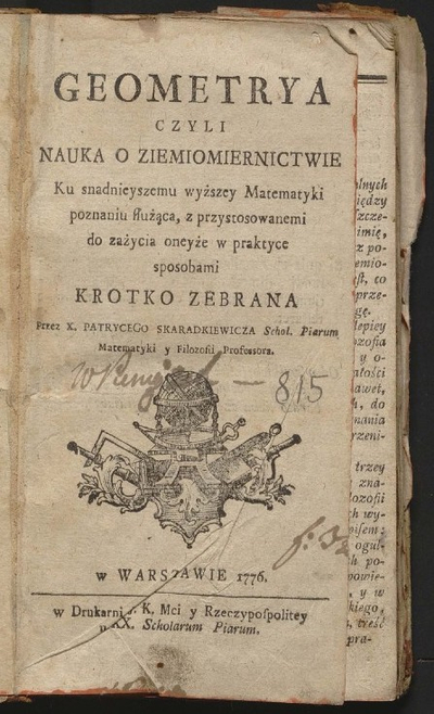 Podręcznik do geodezji Patrycego Skaradkiewicza z 1776 roku (e-biblioteka UW, domena publiczna)