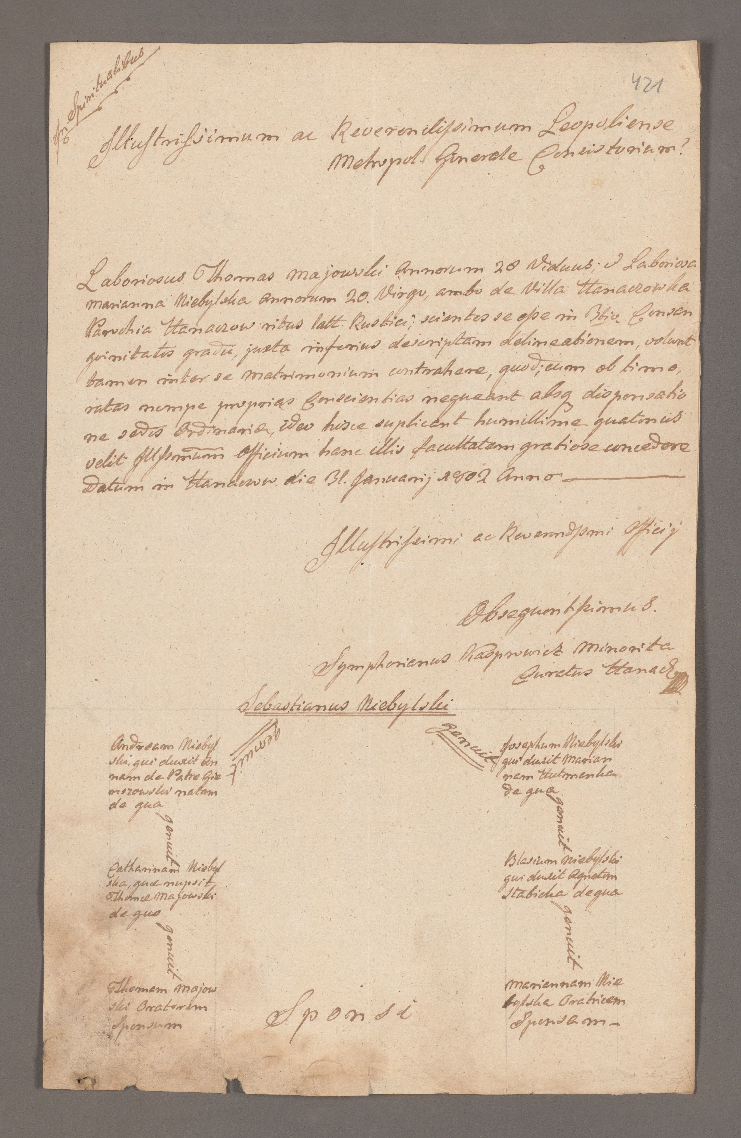 Zdjęcie ukazujące kartę z Akt Konsystorskiech z Archiwum Archidiecezji Lwowskiej  z drzewem genealogicznym, sygnatura AK 80, karta 438.