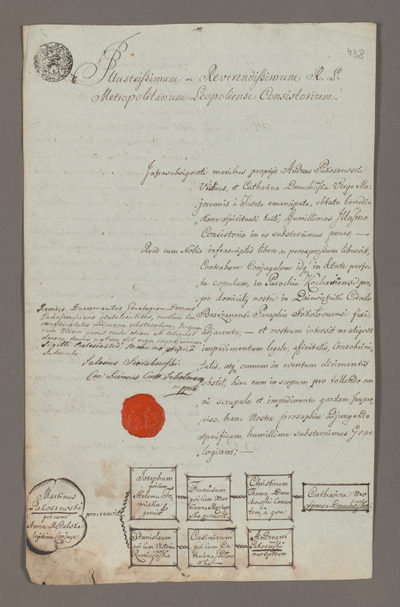 Zdjęcie ukazujące kartę z Akt Konsystorskiech z Archiwum Archidiecezji Lwowskiej  z drzewem genealogicznym, sygnatura AK 80, karta 438.